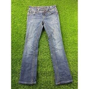 Miss Me Womens Bootcut Jeans Dark Wash Bling Stretch Low Rise Sz 25 32L Y2K Flap